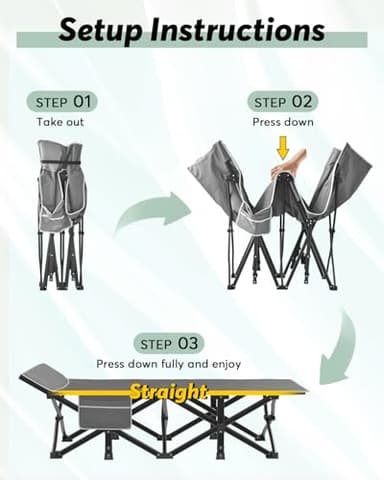 ZENPETIO Camping Cots for Adults, Portable Folding Sleeping Cot with Carry Bag, 1200D Double Layer Oxford Ultra Soft Cot Bed with Mattress, Tent Cot for Travel Office Hospital, Support 500lbs, Gray - Image 7