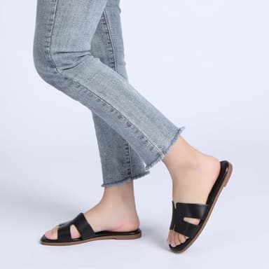 Rihero Black Flat Sandals for Women Dressy Summer Slip On Peep Toe Slide Black Sandals Size 8 - Image 6