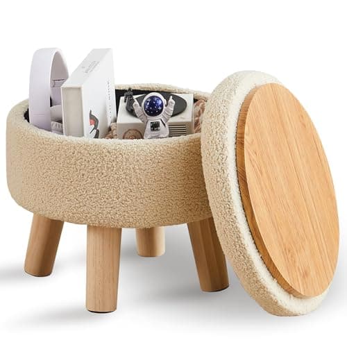 Wimarsbon Storage Ottoman, Modern Round Footrest with Soft Padded Seat, Teddy Velvet Footstool with Wood Legs, Accent Small Table or Plant Stand for Hallway, Living Room (Off-White) - Image 1