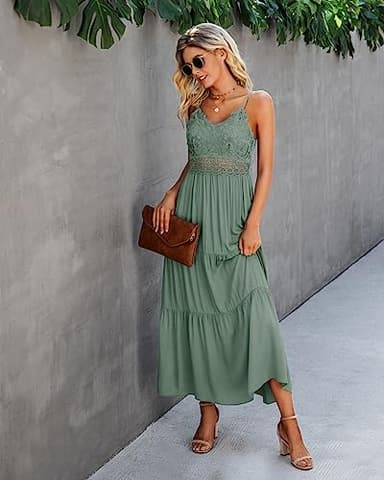 Dokuritu Women's Beach Crochet Lace Maxi Dress Wedding Guest Bridesmaid Cocktail Summer Spaghetti Strap Long Sage Green Dresses 2025(SproutGreen,L) - Image 5