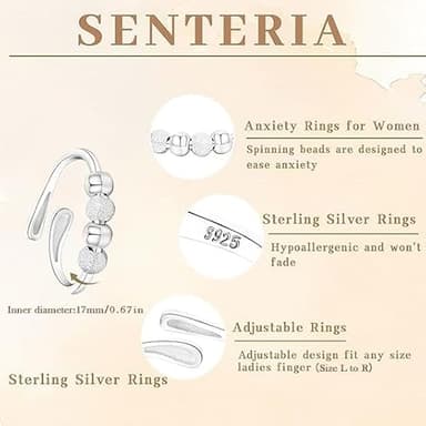 Senteria Anxiety Rings for Women Sterling Silver Rings Adjustable Stress Spinner Rings with Beads Fidget Rings for Anxiety Women - Image 4