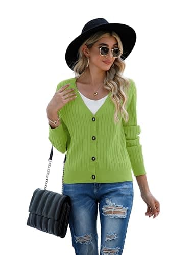 Women's Green Casual Dressy Stirped Cardigan with V Neck Button Sweaters Crew Neck Lady Lightweight Jacket 2024 Fall Winter Size M - Image 4