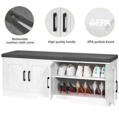 HOMSHO 2-Tier Storage Bench, 47.2" Wide Shoe Bench with Padded Seat Cushion, Entryway Bench with 4 Barn Doors and Adjustable Shelf, White - Image 7