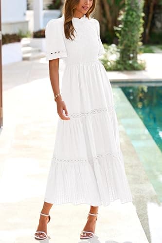 dowerme Summer Dresses for Women 2025 Casual Boho Hollow Out Short Sleeve Ruffle Mock Neck Smocked Maxi Gingham Sundress(White,Medium) - Image 9