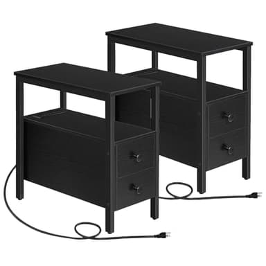 HOOBRO Set of 2 End Tables with Charging Station, Narrow Side Table with Drawers & USB Port & Power Outlets, Nightstand for Small Spaces, Living Room, Stable and Sturdy, Black BK541BZP201 - Image 1