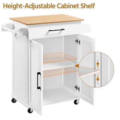 Yaheetech Kitchen Cart with Bamboo Tabletop, 32" Width Rolling Kitchen Island with Drawer and Adjustable Shelf, Storage Cabinet with Spice Rack Towel Bar for Dining Room Kitchen Living Room, White - Image 5