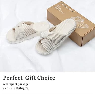 Chantomoo Slippers for Women Memory Foam House Bedroom Corduroy Bow Crossbands Slide Slipper Shoes Comfy Trendy Gift Slippers Beige Size 9 10 8.5 - Image 4