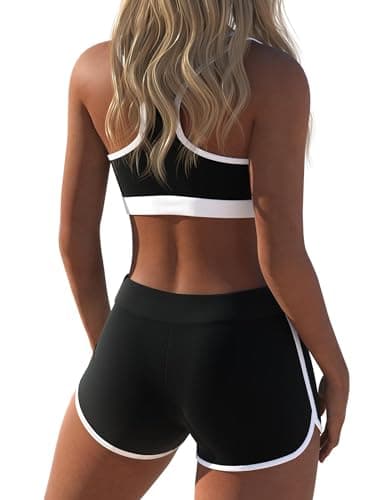 Womens Sport Two Piece Swimsuits Racerback Crop Top Boyshort Bottom（L，White&Black） - Image 2