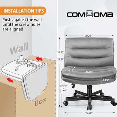 COMHOMA Cross Legged Office Chair with Wheels Armless-Office Desk Chair, Modern Vanity Computer Task Chairs for Home Bedroom, Comfortable Wide Seat for Lower Back Pain Relief, Soft Velvet, Gray - Image 2