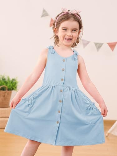 Vieille 5T Dresses for Girls 5-6 Years Blue Button Down Sundresses Size 5 6 Sleeveless Dress with Pockets - Image 2