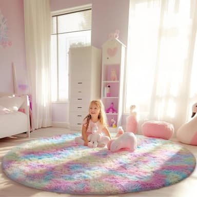 Ophanie Round Rug 6Ft Rainbow Circle Area Rug, Cute Room Decor for Teen Girls, Fluffy Fuzzy Bedroom Carpet, Plush Soft Shaggy Living Room Rugs for Kids Home Decor Aesthetic, Nursery - Image 1