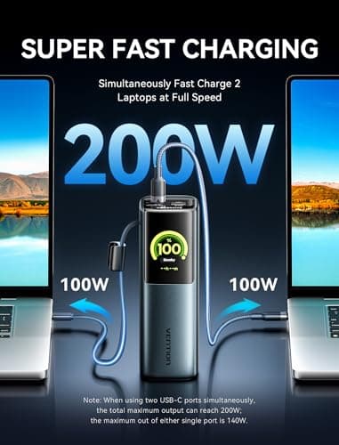VENTION Powerhive Laptop Power Bank, 200W 27000mAh, Built-in and Extra 240W USB-C Cables, Portable Laptop Charger, Digital Display, for iPhone 17/16/15/14/13 Pro Max, MacBook, Dell, HP, Galaxy S24 - Image 3