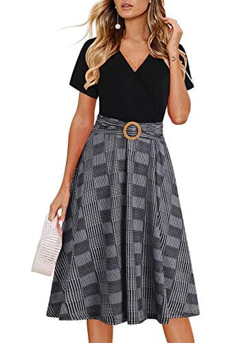 Women's Elegant Criss-Cross V Neck Vintage Short Sleeve Work Casual Party Swing Tea Dress with Pockets 980 (XL, Black Plaid) - Image 1
