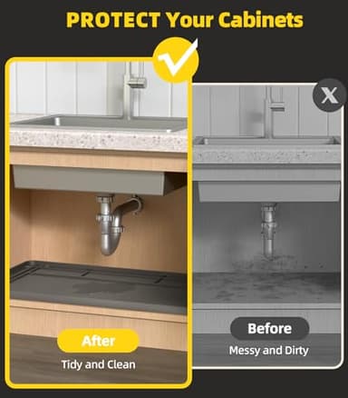 Under Sink Mats for Kitchen Waterproof, 34" X 22" Or Smaller Cut to Fit Under Sink Drip Tray for Kitchen Bathroom Cabinets, Silicone Liner Hold Up to 3.3 Gallons Liquid - Grey - Image 5