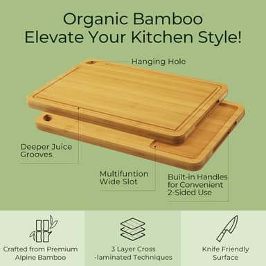 Keechee Wood Cutting Board for Kitchen - Reversible Bamboo Cutting Boards Gift Set of 3 with Juice Groove, Wooden Chopping Board for Meat, Fruit, Vegetables & Cheese (Pre Oiled, Natural) - Image 4