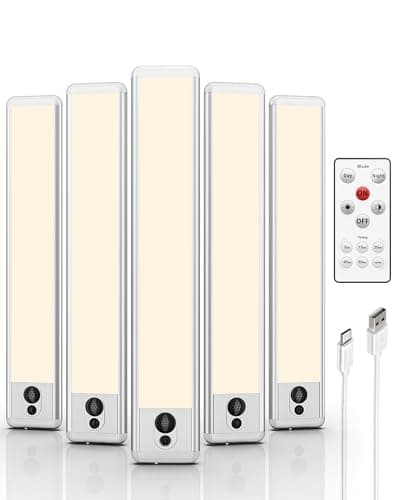 EZVALO 5 Pack Under Cabinet Lighting, Rechargeable Motion Sensor Light, LED Closet Lights Wireless, 3500K Dimmable, Timer, Magnetic, with Remote Control for Kitchen, Closet, Stair - Image 1