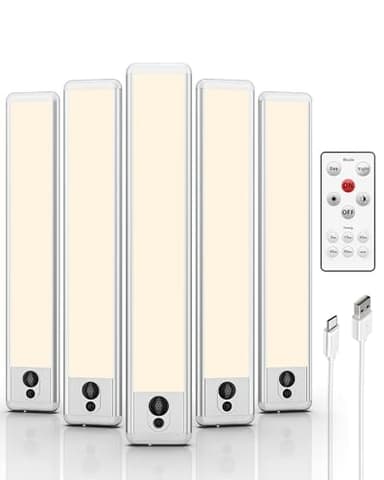 EZVALO 5 Pack Under Cabinet Lighting, Rechargeable Motion Sensor Light, LED Closet Lights Wireless, 3500K Dimmable, Timer, Magnetic, with Remote Control for Kitchen, Closet, Stair - Image 1