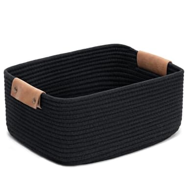 CHICVITA Cotton Rope Woven Easter Basket with Handles for Books, Magazines, Toys - Decorative Rectangle Basket for Baby Nursery, Living Room, Bathroom, Black - Image 1