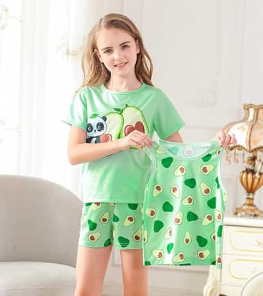 uideazone Pajamas for Girls Size 9-10 Cute Acocado 3 Pieces Nightwear Kids Pjs Set Cute Tank Top Shorts Sleepwear Soft Loungewear - Image 3