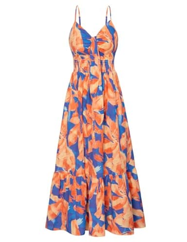 GRACE KARIN Women's Summer Casual Beach Maxi Dress Ruffle Spaghetti Strap Tie Front V Neck Boho Casual Swing Long Dress - Image 1