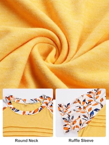 Chulianyouhuo Women's Ruffle Sleeve Tops Summer Crew Neck Casual Pleated Front Blouse Loose Fit Basic Tee Shirt(Yellow S) - Image 5