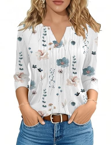 FreshNight Tunic Tops Womens 3/4 Sleeve T Shirts V Neck Tops for Women Pleated Dressy Tunic Top for Women Petite Top for Womens M - Image 1