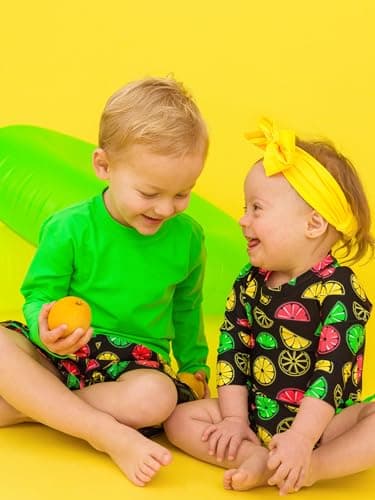 RUGGEDBUTTS Boys UPF50+ Sun Protection Fruits & Florals Swim Trunks - Neon Black Citrus, 0-3m - Image 4