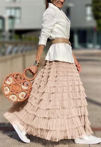 Flygo Women's Long Maxi Tulle Skirts A Line Ruffle High Waisted Tiered Layered Mesh Tutu Skirt Petticoat(Champagne-S) - Image 3