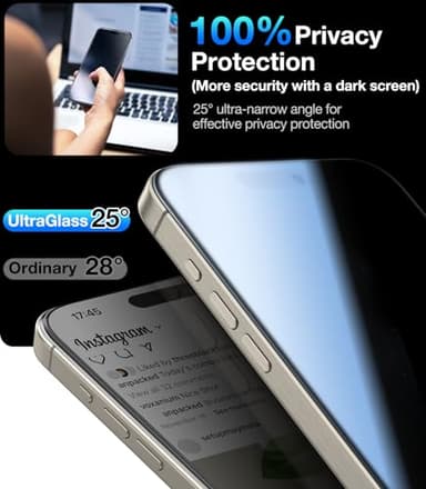 UltraGlass 9H+ Glass for iPhone 16 Pro Privacy Screen Protector [No.1 Military Grade Shatterproof & 100% Anti Spy] Privacy Screen 16 Pro Tempered Glass [Longest Durable] 2 Pack - Image 3