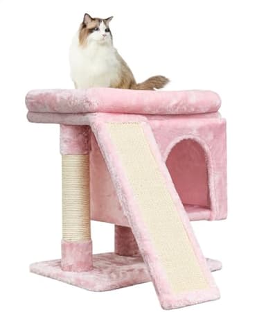 SYANDLVY Small Pink Cat Tree with Perch for Indoor Cats, Cat Tower with Scratching Post, Modern Activity House for Large Cats, Condo with Board, Kittens Cave - Image 1