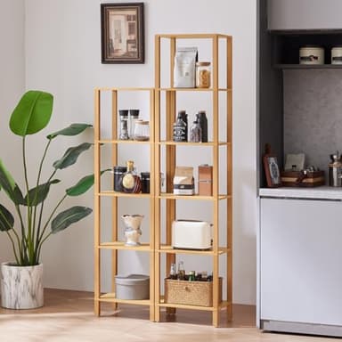 YUFAM 54in Tall Bookshelf 5-Tier Small Narrow Bookcase, Skinny Book Shelf for Small Space, Farmhouse Slim Shelf with Storage, Wood Freestanding Display Thin Bookshelves for Living Room, Natural - Image 8