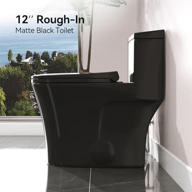 HOROW T0338WB Elongated One Piece Toilet Black, Compact Modern Toilet with Comfortable Seat Height, ADA Chair Height 17.3", Power Dual Flush 0.8/1.28 GPF & MAP 1000g, Matte Black, 12" Rough-in - Image 2