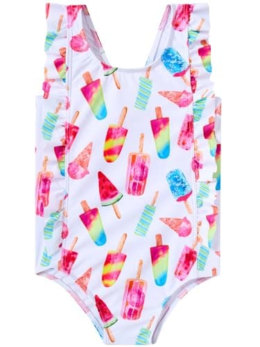 RAISEVERN Baby Girls Swimsuit Ruffles Bathing Suits 3T Cute Cartoon Colorful Ice Cream Beach Sport White Summer One Piece Swimwear Backless Quick-Dry Swimming Bodysuit for 4t Little Girl - Image 1