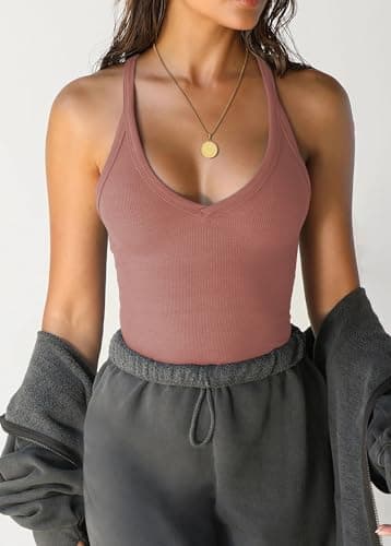 iGENJUN Women Workout Tops Spaghetti Strap Racerback Tank Tops Basic Cute Summer 2024 V Neck Going Out Slim Fit Yoga Gym Ribbed Sleeveless Shirts Clothes Fashion,M,Brick Red - Image 8