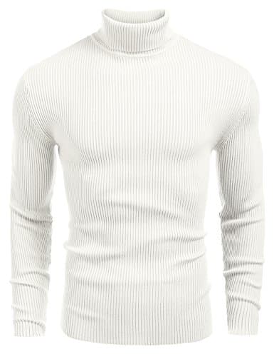 COOFANDY Mens Ribbed Slim Fit Knitted Pullover Casual Turtleneck Sweater White - Image 1