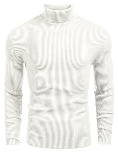 COOFANDY Mens Ribbed Slim Fit Knitted Pullover Casual Turtleneck Sweater White - Image 1