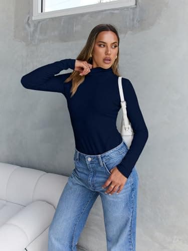 Trendy Queen Women's Turtleneck Long Sleeve Shirts Fall Fashion BasicThermal Underwear Tops Winter Clothes 2025 Navy S - Image 5