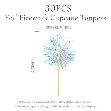 30PCS Foil Firework Cupcake Toppers, Takemay Happy Birthday White Cake Toppers, Sparkle Tinsel Flower Drink Stirrers Cocktail Food Fruit Toothpicks for Xmas Party Birthday Wedding Ceremony - Image 2