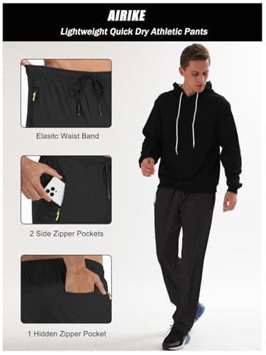 Athletic Pants for Men Water Resistant Quick Dry Lightweight Polyester Workout Warm Up Hiking Sweatpants with Pockets Black - Image 3