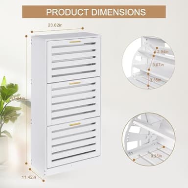 VECELO Shoe Cabinet Storage for Entryway with 3 Flip Drawers Slim Hidden Free Standing Organizer for Narrow Hallway, Bedroom, Living Room, Large Capacity, Modern, White, 3-Shelf - Image 2
