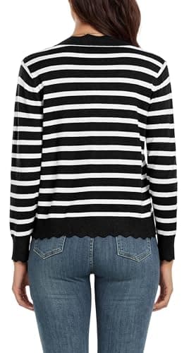GRECERELLE Women's Long Sleeve Button Down Cardigan V-Neck Fall Shrug Sweaters,Black White Striped, Medium - Image 5