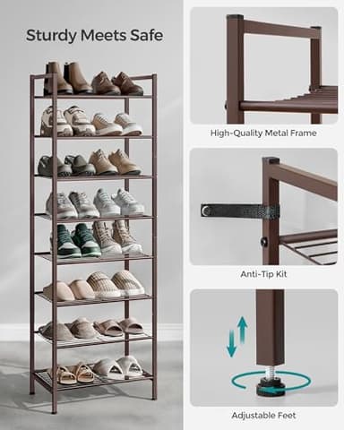 SONGMICS Narrow Shoe Rack - Sturdy 8 Tier Metal Tall Shoe Rack Shelf, Slim Shoe Storage Organizer for Closet Entryway Small Spaces, Bronze - Image 6