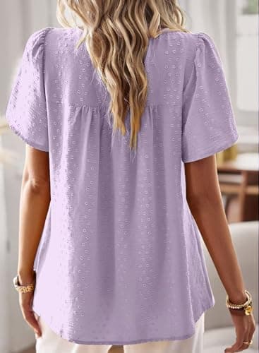 Falechay Purple Plus Size Tops Solid Babydoll Chiffon Pom Pom Short Sleeve Womens Button Down Blouse Cute Bohemian Crewneck Fall XXXL - Image 3