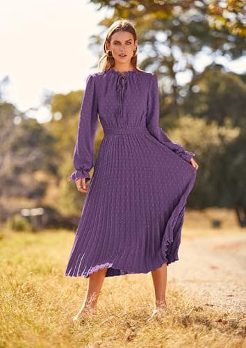 PRETTYGARDEN Women's 2025 Spring Fall Midi Dress Casual Long Sleeve V Neck Swiss Dot Pleated A Line Flowy Dresses (Dark Purple,Large) - Image 3