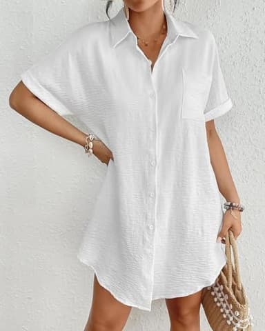 Bsubseach Women Swimsuit Coverup Shirt Dress Button Down Bathing Suit Cover Up Beachwear White M - Image 4