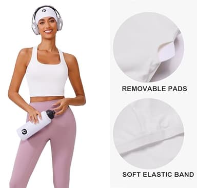 PINSPARK Racerback White Sports Bras for Women Wireless Padded Workout Tank Tops U Neck Longline Yoga Tops Built in Bra Light Support Medium,White - Image 4