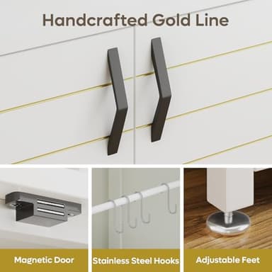 Bestier 20-29 Gallon Fish Tank Stand with Power Outlets, Metal Long Aquarium Stand with Storage Cabinet, 31x15 Reptile Terrarium Stand with Horizontal Gold Line, Stainless Hooks, 350 Lbs(White) - Image 4