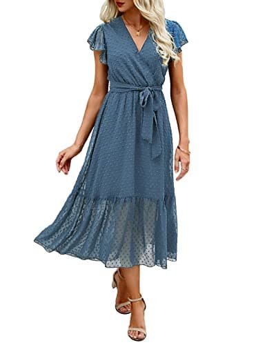 BTFBM Women Summer Bohemian Floral Casual Wrap V Neck Ruffle Cap Sleeveless Belt A-Line Pleated Hem Swing Midi Sun Dress (Swiss Dot Grey Blue, l) - Image 1
