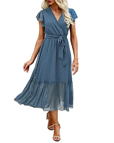 BTFBM Women Summer Bohemian Floral Casual Wrap V Neck Ruffle Cap Sleeveless Belt A-Line Pleated Hem Swing Midi Sun Dress (Swiss Dot Grey Blue, l) - Image 1