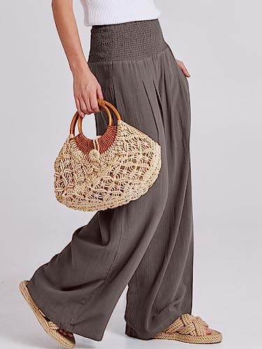 ANRABESS Women Linen Palazzo Pants Summer Boho Wide Leg High Waist Casual Lounge Pant 2025 Beach Travel Vacation Outfits Coffee X-Large - Image 3